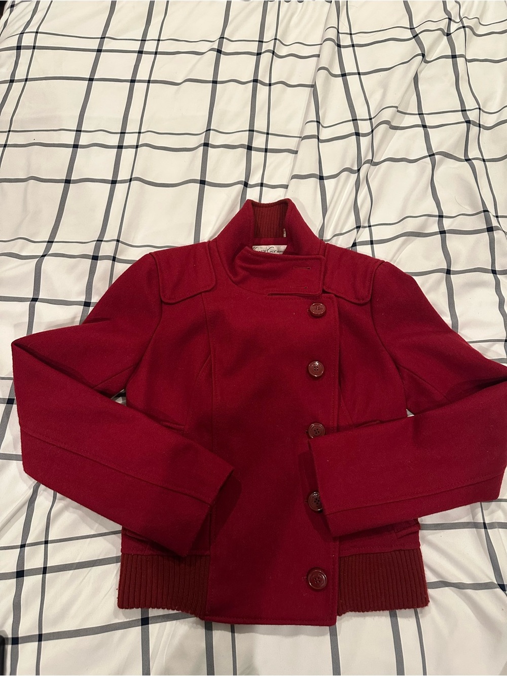 Kennth Cole Women’s Red Wool-Blend Peacoat Jacket - Classic Short Coat